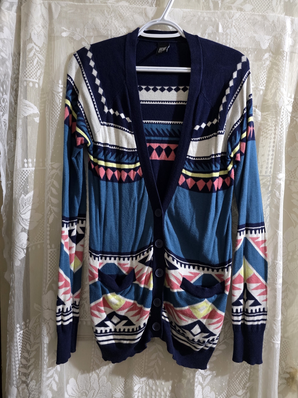 Nollie Teal Navy Pink Geometric Cardigan